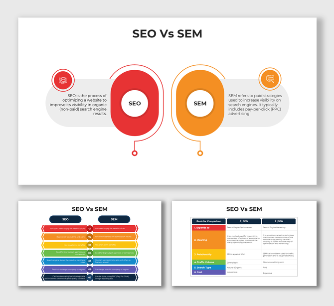 SEO Vs SEM infographic with red SEO vs orange SEM visuals, colorful comparison tables, icons, and clean text holders.