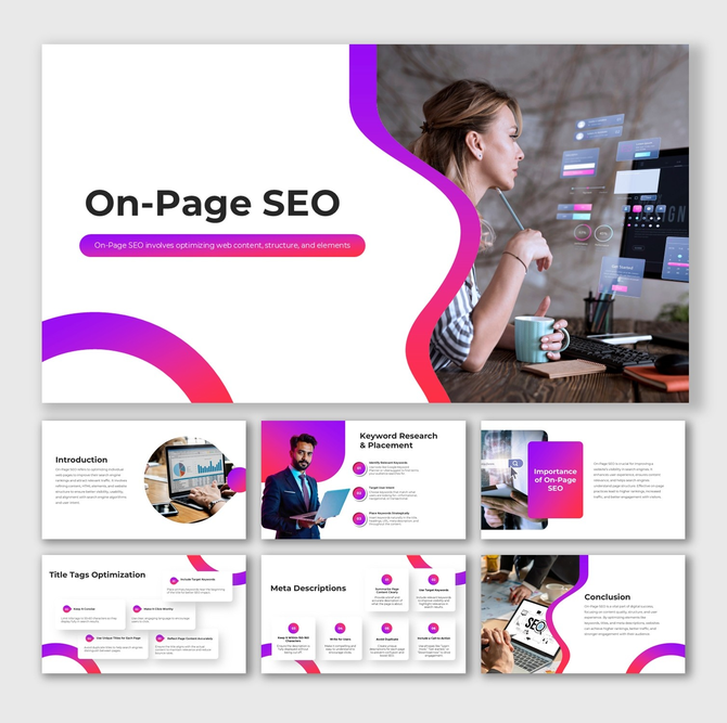 On-Page SEO deck showing keyword research, title tags, meta descriptions, purple-pink theme, and content box layouts.