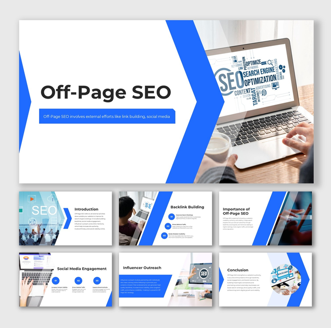 Off-Page SEO design showing laptop SEO keywords, blue-white theme, infographic shapes, and clear text placeholders.