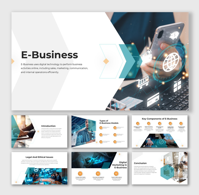 E-Business infographic with business visuals, laptops, orange circular icons, gradient shapes, and clear text placeholders.