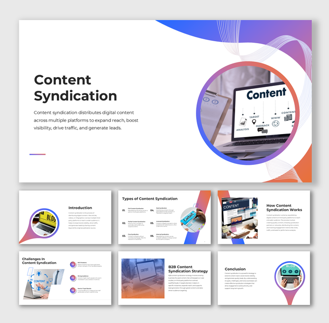 Content Syndication infographic with analysis, target, and feedback icons, gradient layouts, and text content holders.
