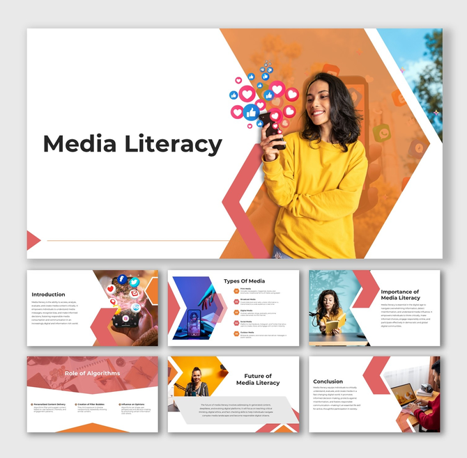 Media Literacy infographic with phone users, social icons, orange accents, infographic shapes, and clear content sections.