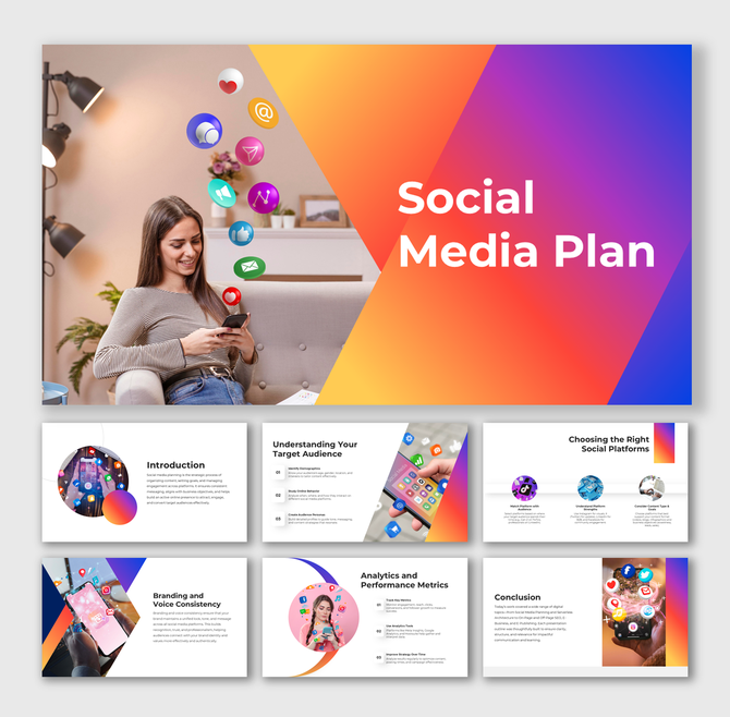 Social Media Plan design showing digital marketing visuals, app icons, gradient theme, infographic shapes, and text holders.