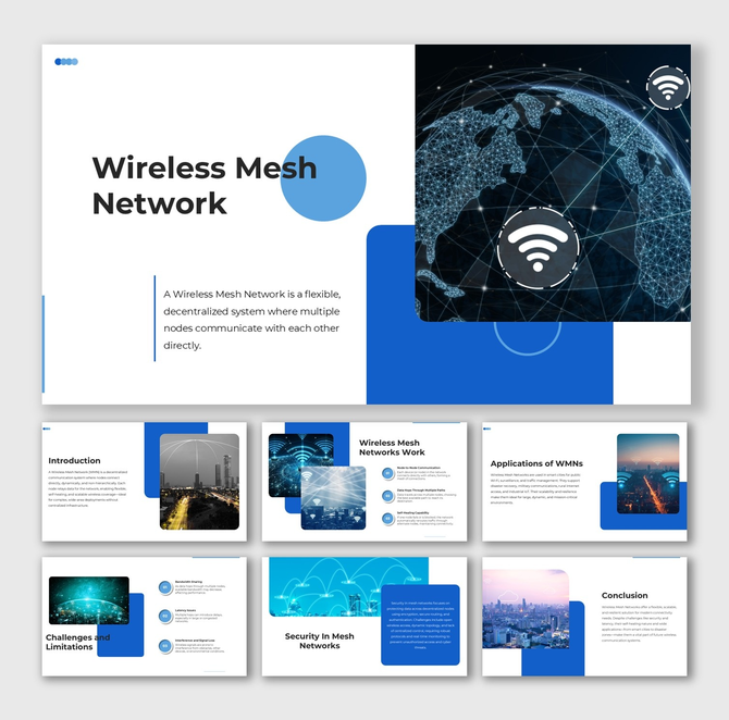 Wireless Mesh Network infographic with digital globe, wifi icons, gradient blue theme, shapes, and structured text layouts.