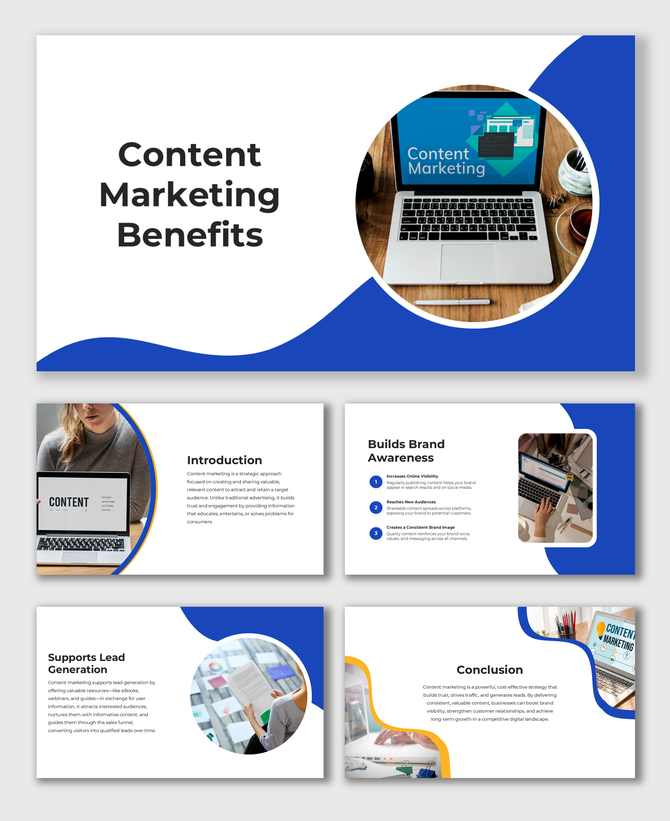Content Marketing Benefits slides with laptop visuals, blue-orange shapes, infographic icons, and structured text holders.