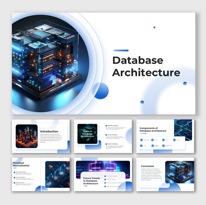 Database Architecture presentation featuring digital servers, neon blue theme, circular shapes, and content box sections.