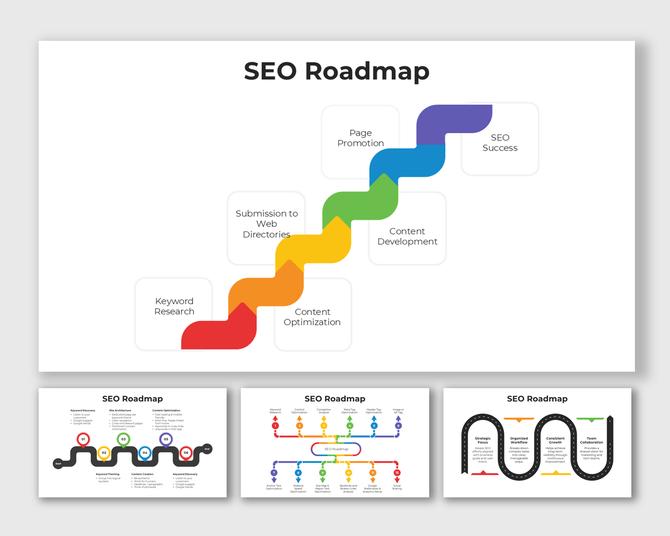 SEO Roadmap infographic with multicolor path, keyword, content, promotion, success visuals, and text placeholders.