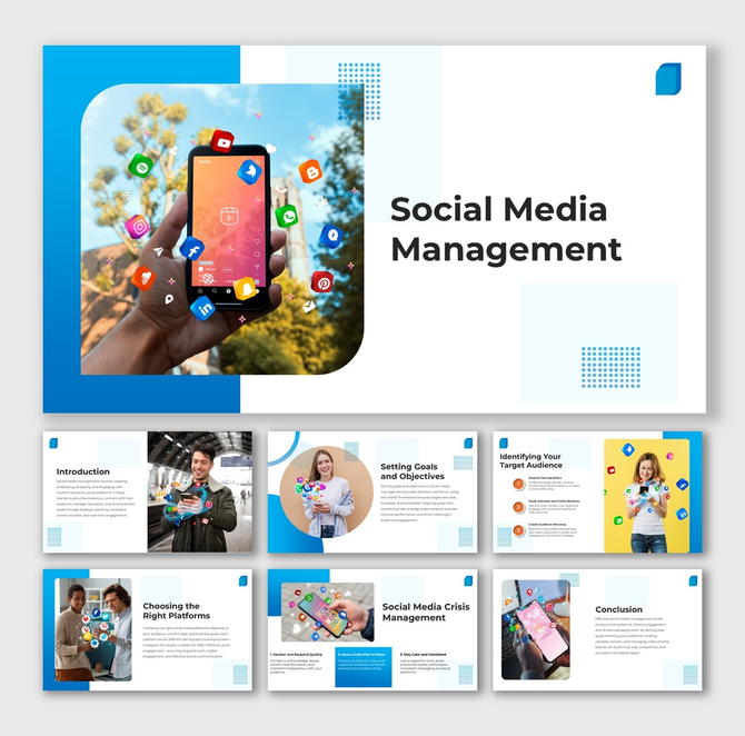 Social Media Management infographic with digital phone visuals, app logos, blue theme, infographic icons, and text holders.
