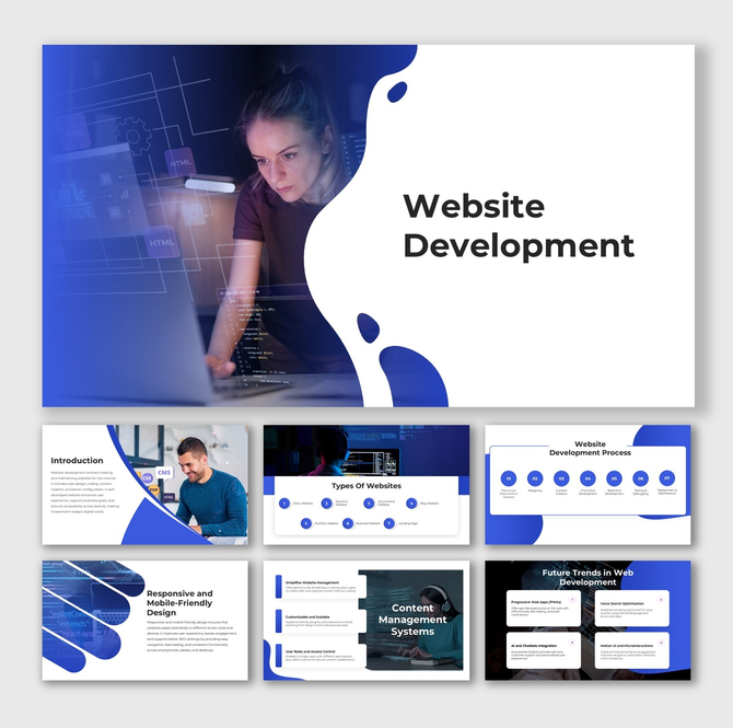 Website Development infographic with laptop coding visuals, process flow, blue layouts, modern shapes, and text placeholders.