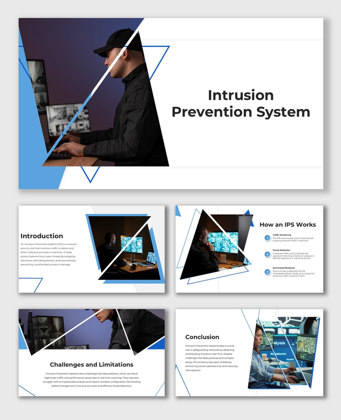 Intrusion Prevention System infographic with monitoring screens, IPS detection steps, blue accents, and content placeholders.