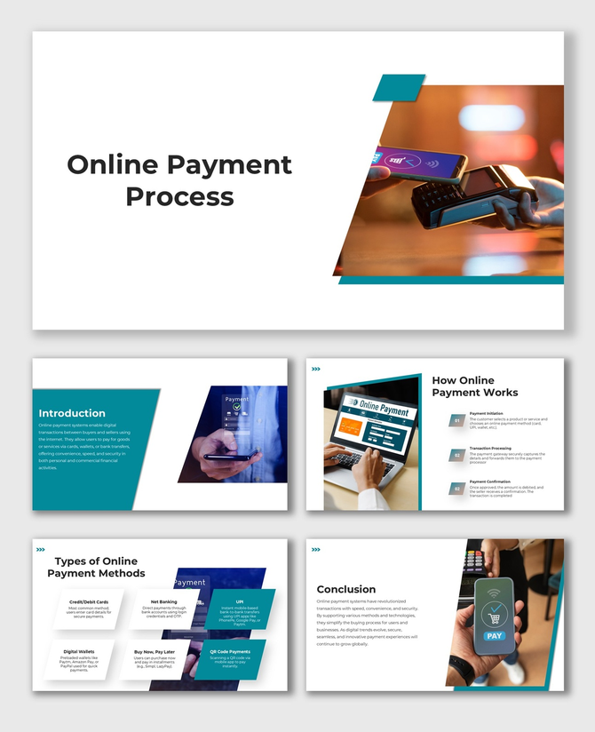 Alt: Online Payment Process slide with teal-white layout showing smartphone and laptop mockups, step arrows, and payment method icons.