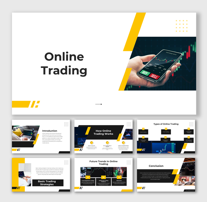 Online Trading deck featuring buy-sell phone visuals, graphs, yellow accents, infographic icons, and structured text section.