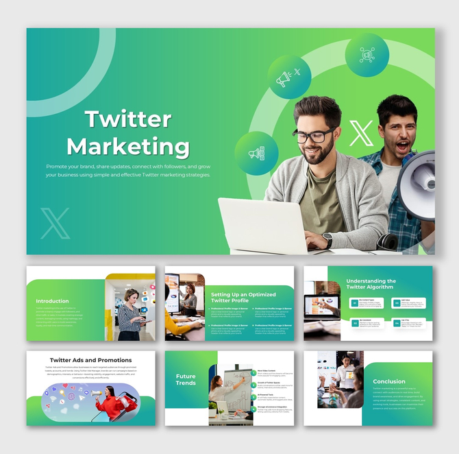Twitter Marketing infographic showing profile setup, algorithm insights, green-blue layouts, and text holders with visuals.