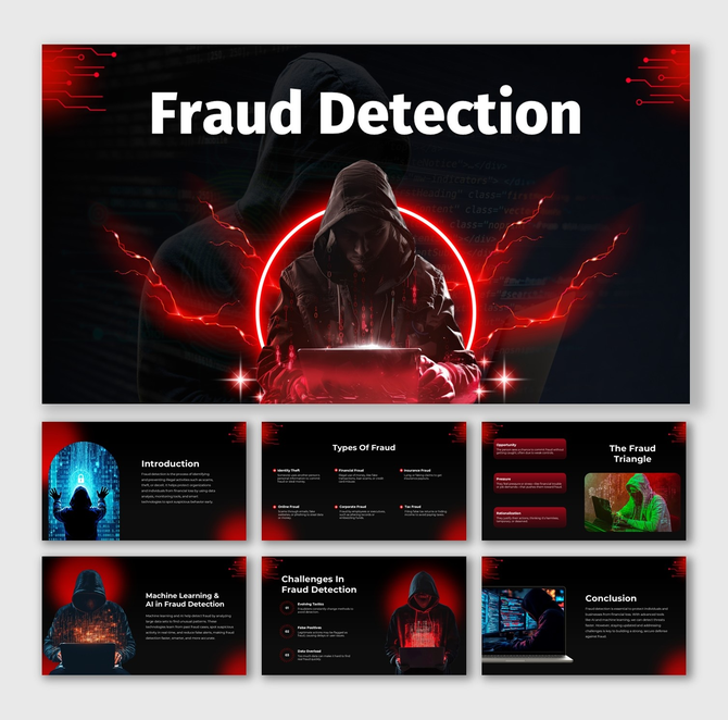 Fraud Detection deck featuring hooded hacker, binary codes, laptop glow, red neon outlines, dark theme, and text boxes.