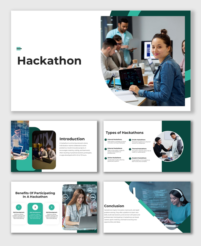Hackathon slides with students coding, laptops, teamwork images, dark green highlights, rounded photo frames, and text boxes.