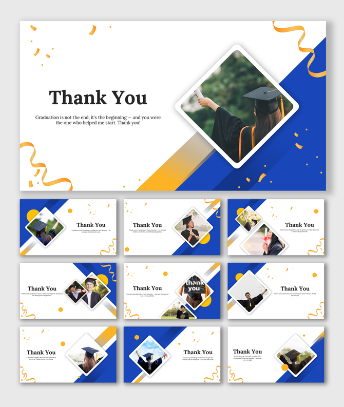 Thank You From A Graduate template showing grads with diplomas, blue-gold colors, ribbon graphics, and framed photos.