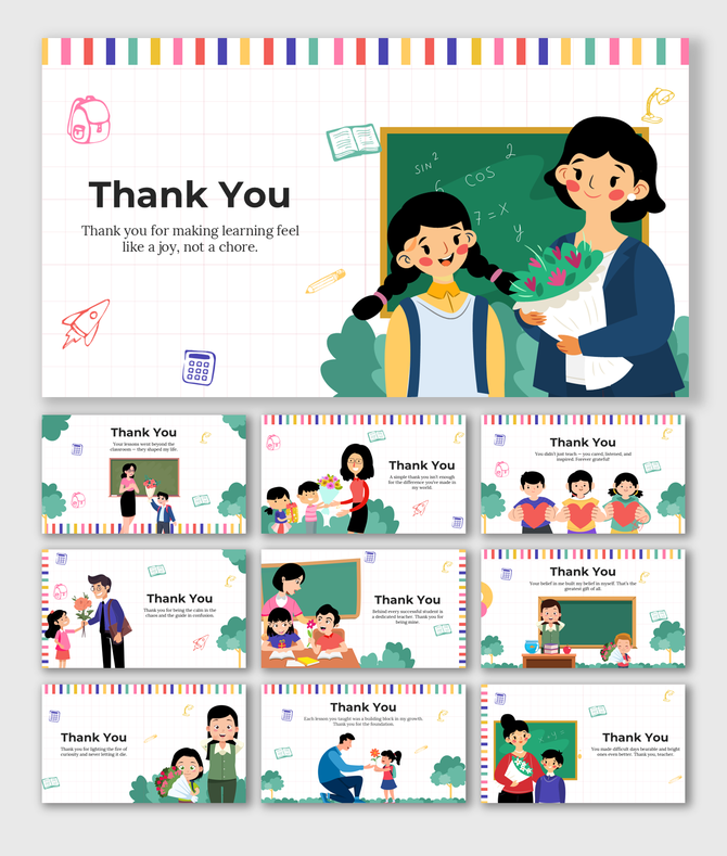Thank You Notes For Teachers slides showing teacher-student scenes, pastel rainbow edges, grid paper look, and doodle icons.