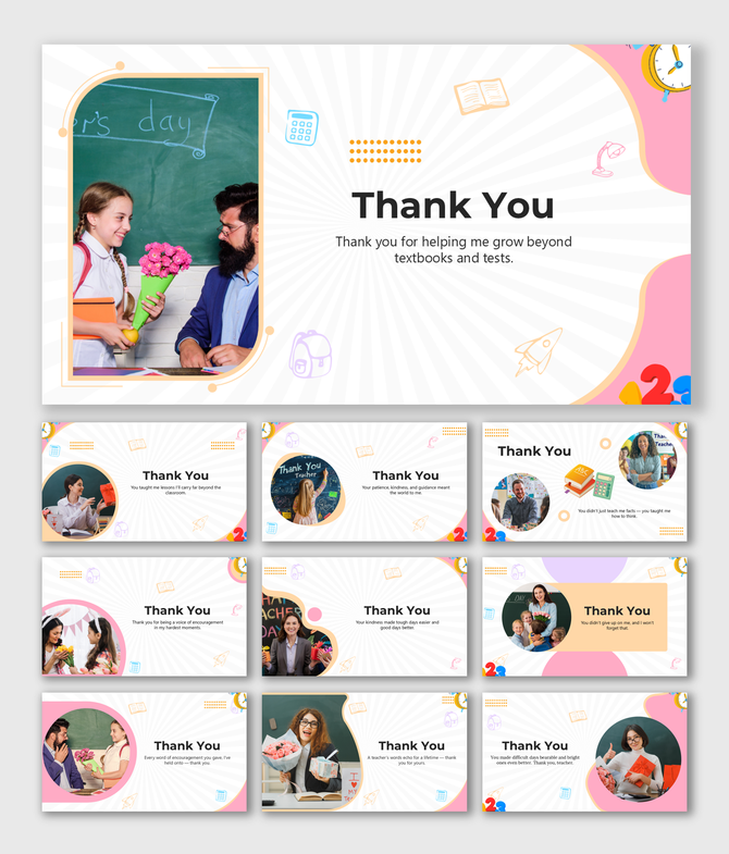 Thank You From Student design with pastel panels, photo frames, clock and book icons, and warm text placeholders.