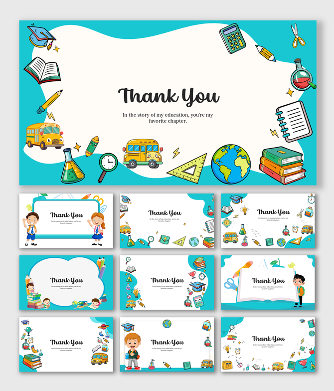 Thank You design with colorful school doodles, wavy shapes, and placeholders for educational appreciation messages.