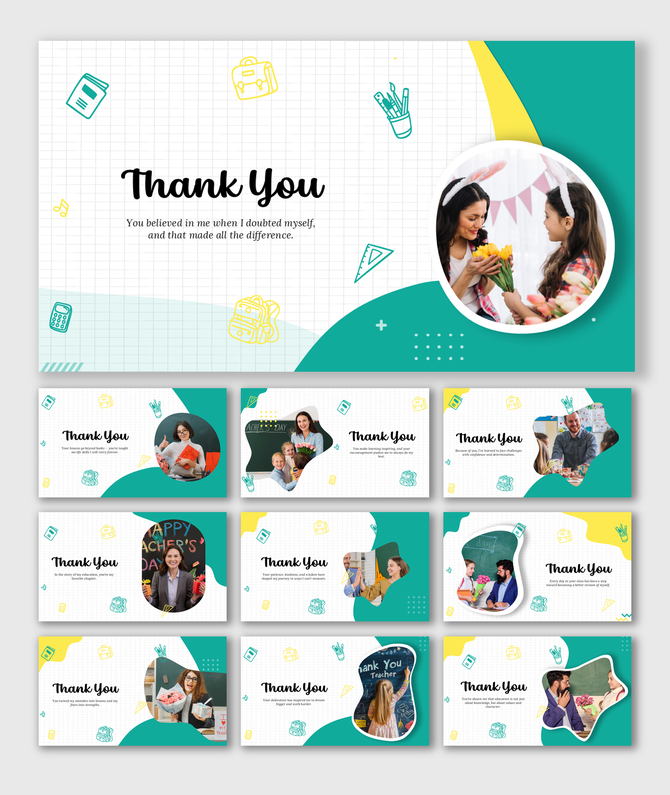 Teacher Thank You Notes From Students on grid layout with teal-yellow accents, doodles, and heartfelt gifting moments.