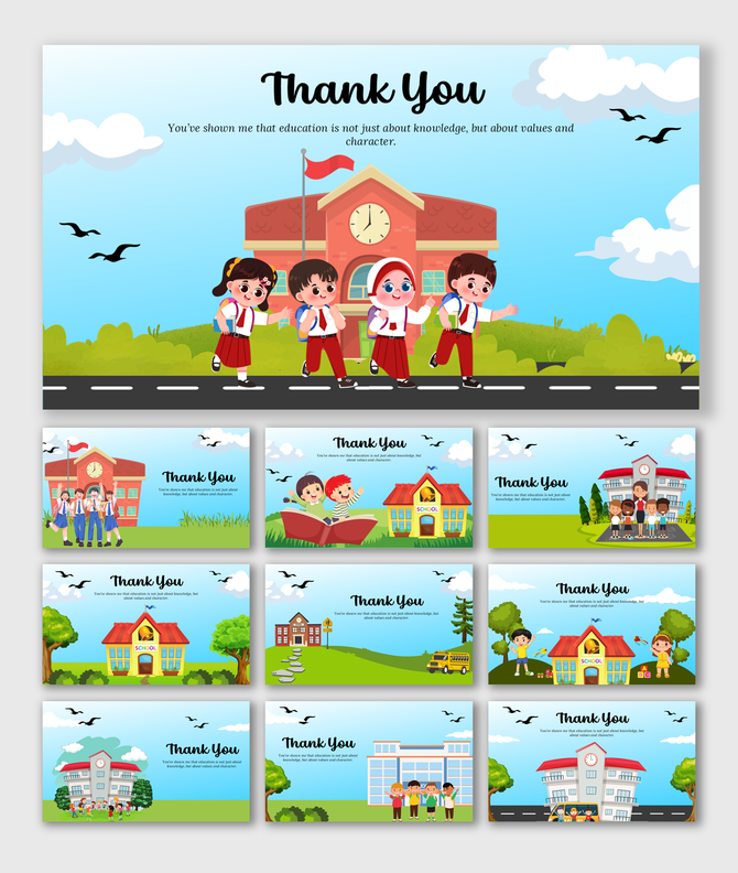 Thank You School slides with cartoon kids, red-roof school, blue sky, clouds, birds, and green trees in bright scenery.