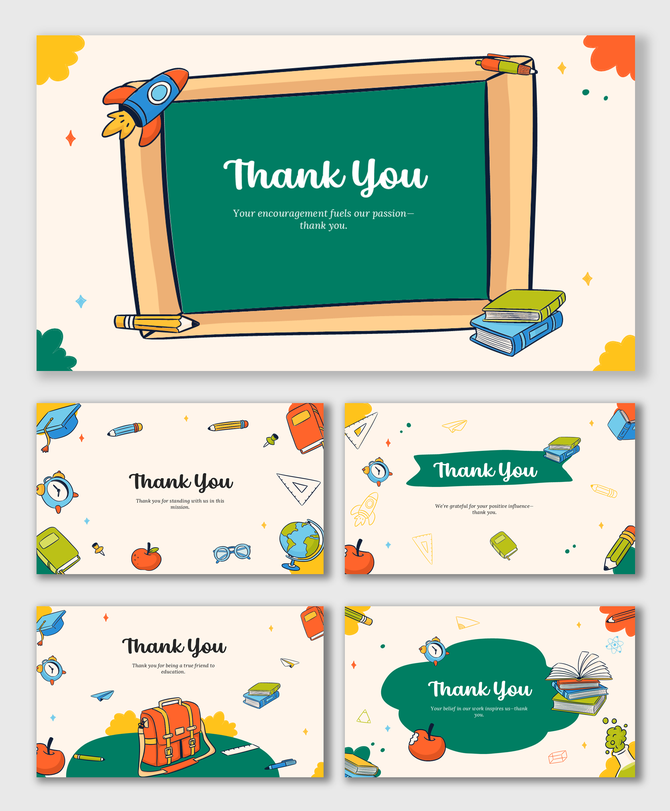 Thank You Slides For School Staff showing chalkboard, stack of books, apples, and colorful school doodles in fun layout.
