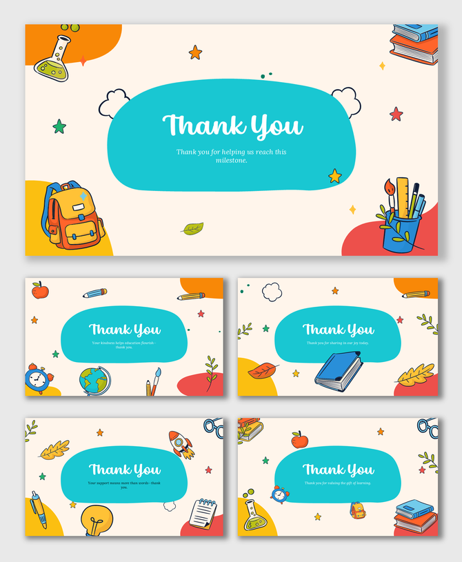 Thank You Slide PPT Template Free Download with stationery, books, rocket, clock, teal shapes, and cream background.