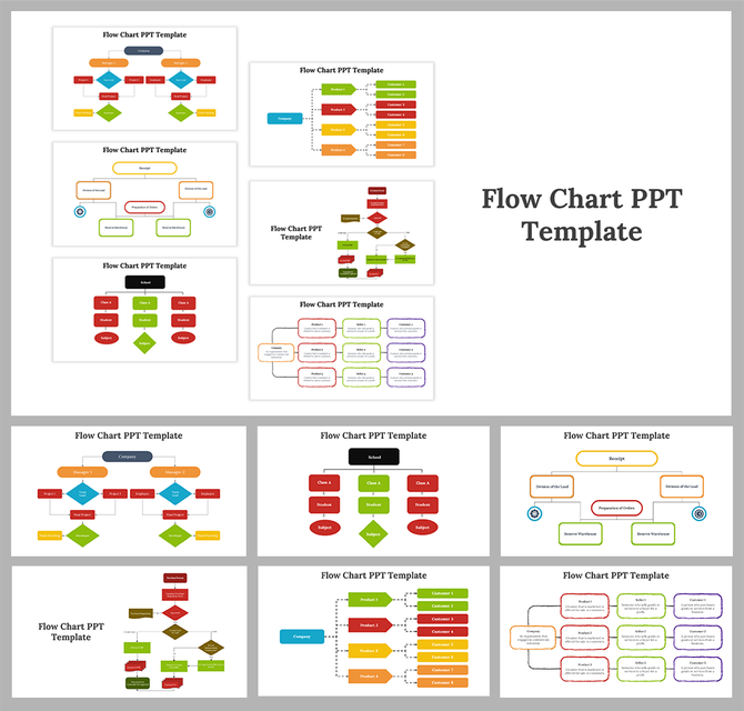 Slide deck showcasing various colorful flowchart designs with interconnected shapes and labeled sections.