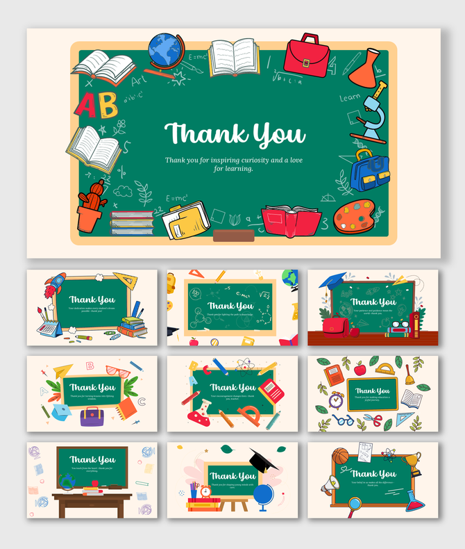 Powerpoint Presentation Thank You with cartoon school supplies, lab flask, backpack, sports gear, and green board text area.