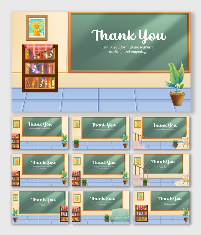 PowerPoint Template Thank You slide with green chalkboard, books, plants, and pastel classroom background.