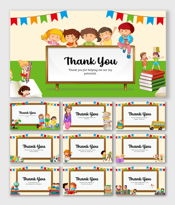 PowerPoint Thanks Slide with kids, books, blackboard, and colorful bunting in playful classroom style.