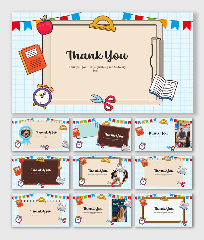 Colorful PPT Presentation Thank You Slide featuring school elements like apple, notebook, clock, and open book icons.