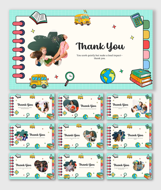 PPT Thank You Slide with notebook border, books, school bus, globe, and photo frame on pastel green grid.