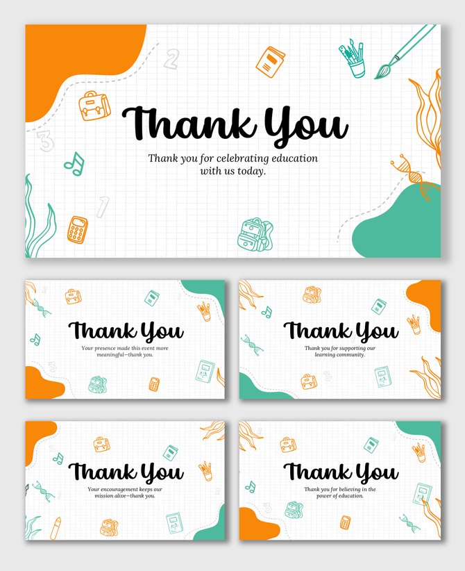 School theme thank you PPT with orange-green shapes, doodle icons, grid background, stationery sketches, and editable text .