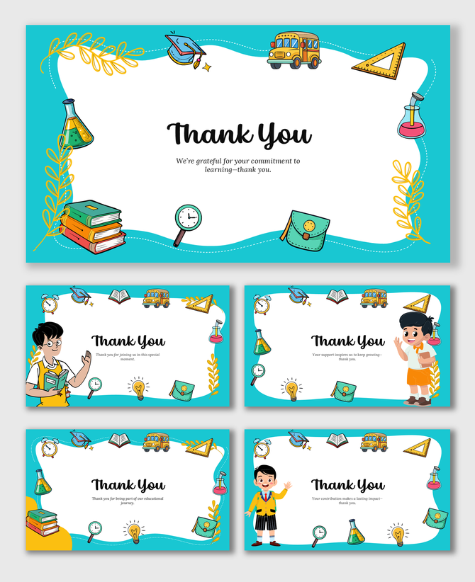 Education Thank You PPT with kids, books, bus, lab tools, clock, ruler, teal background, yellow leaves, and text box.