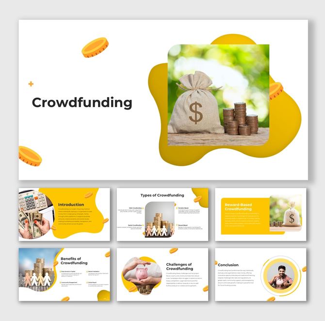 Alt: Crowdfunding slide with yellow background showing money bag icon, coin stacks, and labeled fundraising sections.