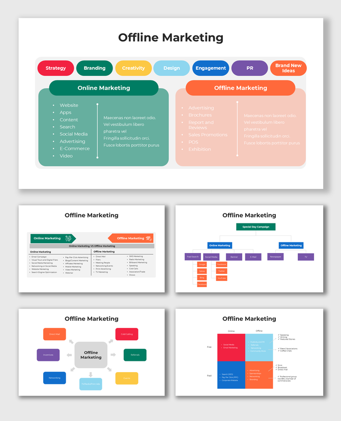 Offline Marketing deck with colorful text holders, flowcharts, and lists comparing offline ads, brochures, and events.