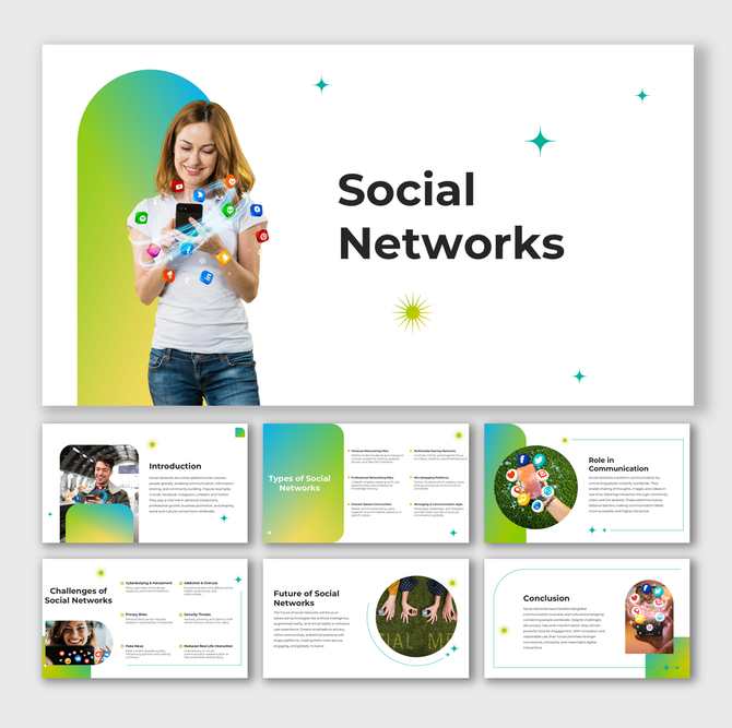 Social Networks slides with app icons, green shapes, circle images, and info on types, role, and challenges.
