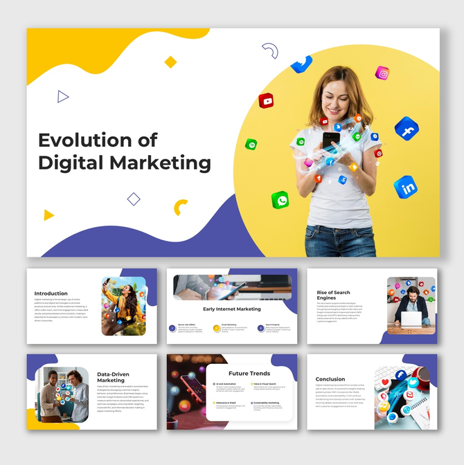 Evolution Of Digital Marketing slides with woman using phone, icons, yellow-purple design, and future trends visuals.