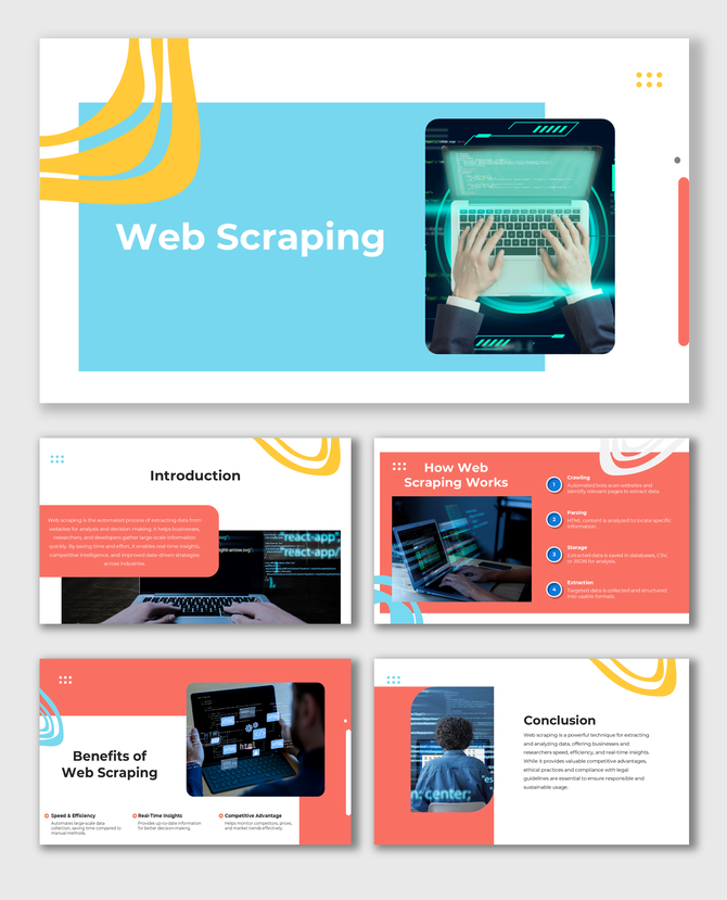 Web Scraping slides with laptop visuals, coding screens, blue-orange theme, text holders on intro, benefits, and process.