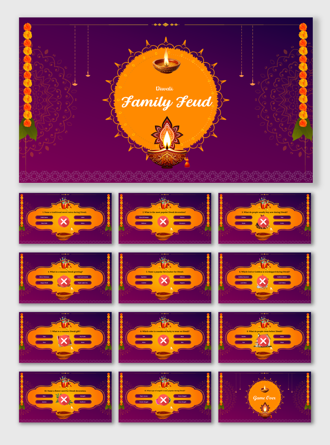 Diwali Family Feud PPT with purple-orange theme, diyas, garlands, rangoli, question cards, scoreboard, and game over.
