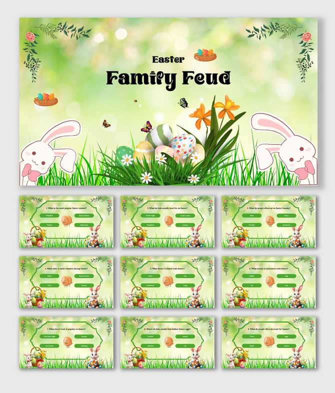 Easter Family Feud template featuring grass, eggs, rabbits, butterflies, and pastel colors for festive family game questions.