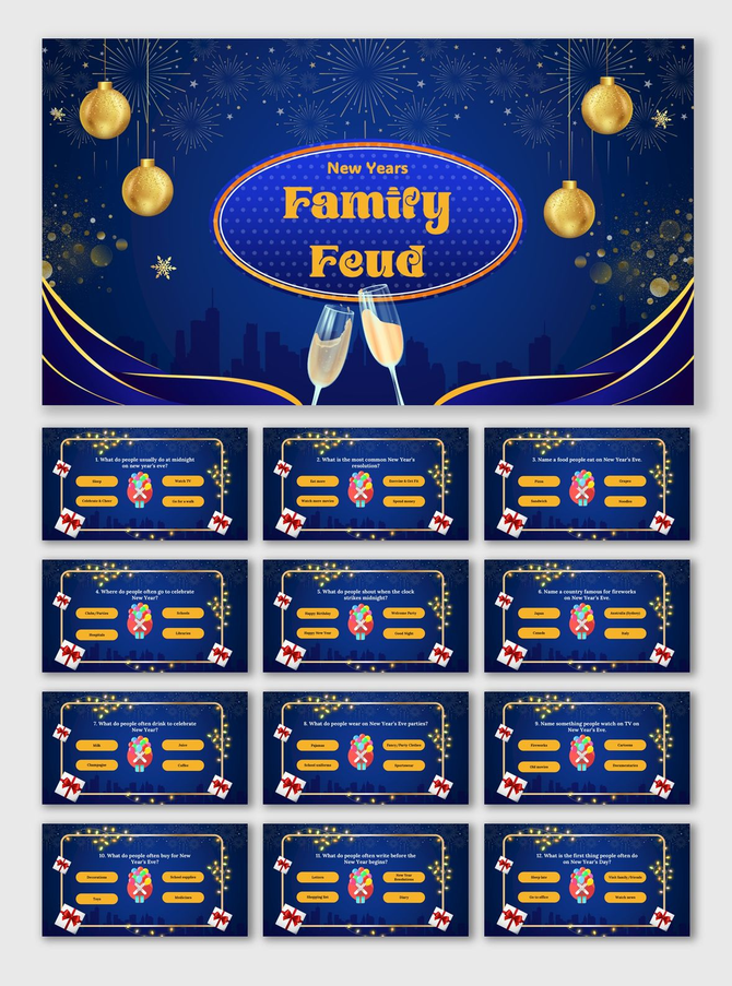 New Years Family Feud quiz slides featuring fireworks, champagne, gift icons, and dark blue background with golden accents.
