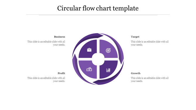 Circular flow chart template with four purple segments and icons, designed for business and growth stages.