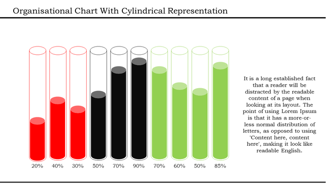 Organizational chart with cylindrical bar representations in red, black, and green, showing percentage values.
