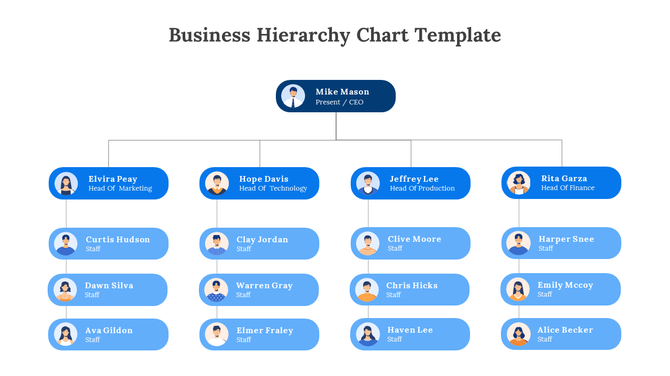 Organizational chart with blue boxes featuring profile icons, showing multiple levels of business hierarchy.