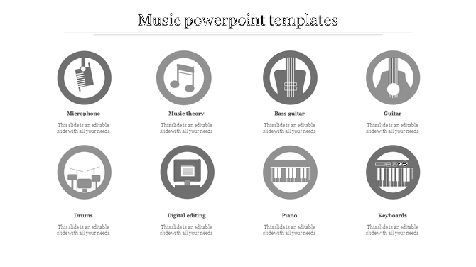 Set of eight icons illustrating musical elements, including instruments, a microphone, digital editing, and music theory. 