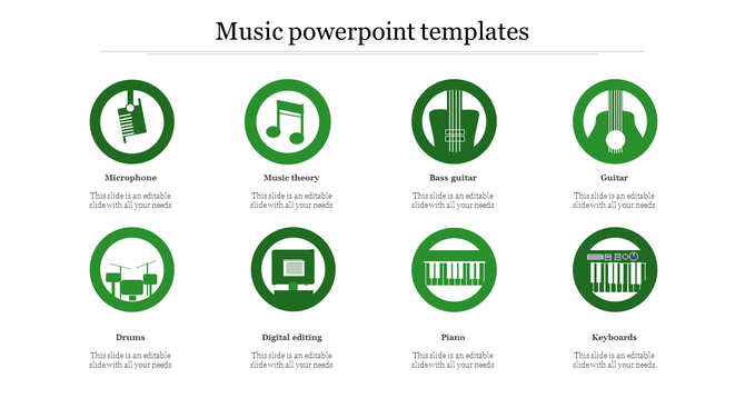 Music themed template with eight green circular icons representing instruments with captions below.