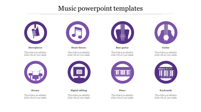 Music infographic with eight round purple icons, including instruments like guitar, drums, and keyboard, along with theory.