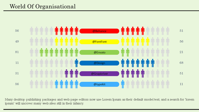 Organizational chart with six colorful rows of human icons and corresponding labels, on a light green backdrop.